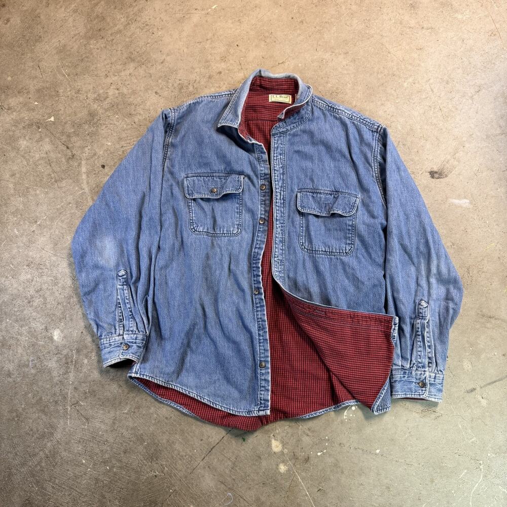 Vintage LL Bean Shirt Mens Large Blue Shacket Denim Flannel Lined USA